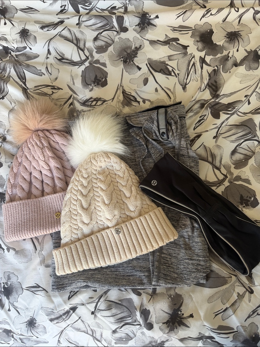 lululemon- Pink and Cream Cable Knit Pom Beanie & Black Reversible Headband Set